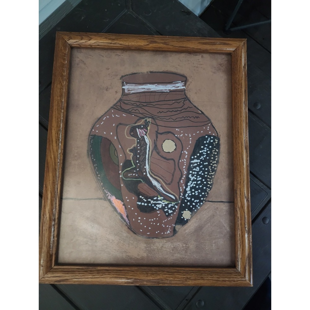 Vintage Original Native American Navajo Pottery Southwest Sand Painting, Framed